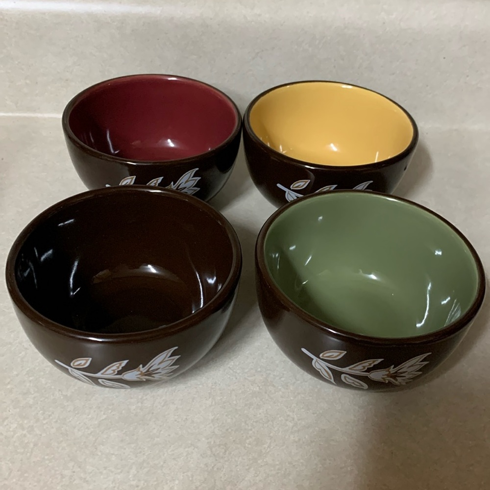Longaberger Pottery Brown Floral Rice Bowls Dip Dipping Bowls Flowers Leaves
